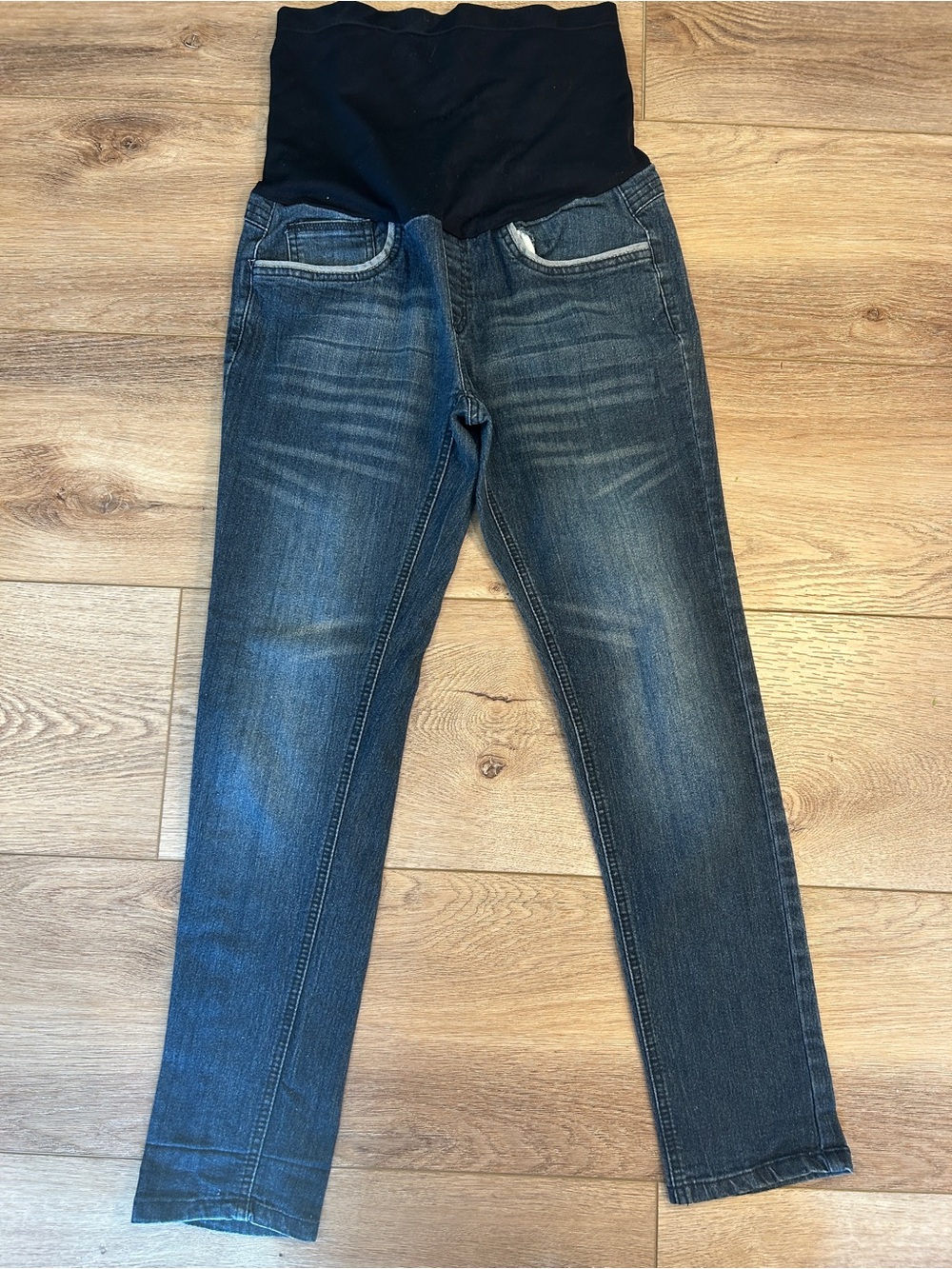 Maternity Dark Wash Blue Stretch Jeans with Black Support Panel over belly s